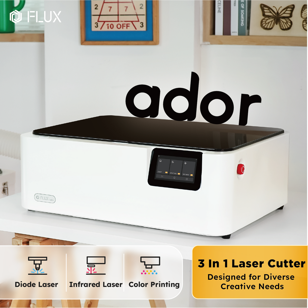 Flux Ador Laser mit MOPA- und Diodenlasertechnologie ermöglicht präzise Metallgravuren sowie saubere Schnitte in Holz und Kunststoff.